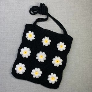 VINTAGE 90s Granny Square Daisy Crossbody Purse Cottagecore Black